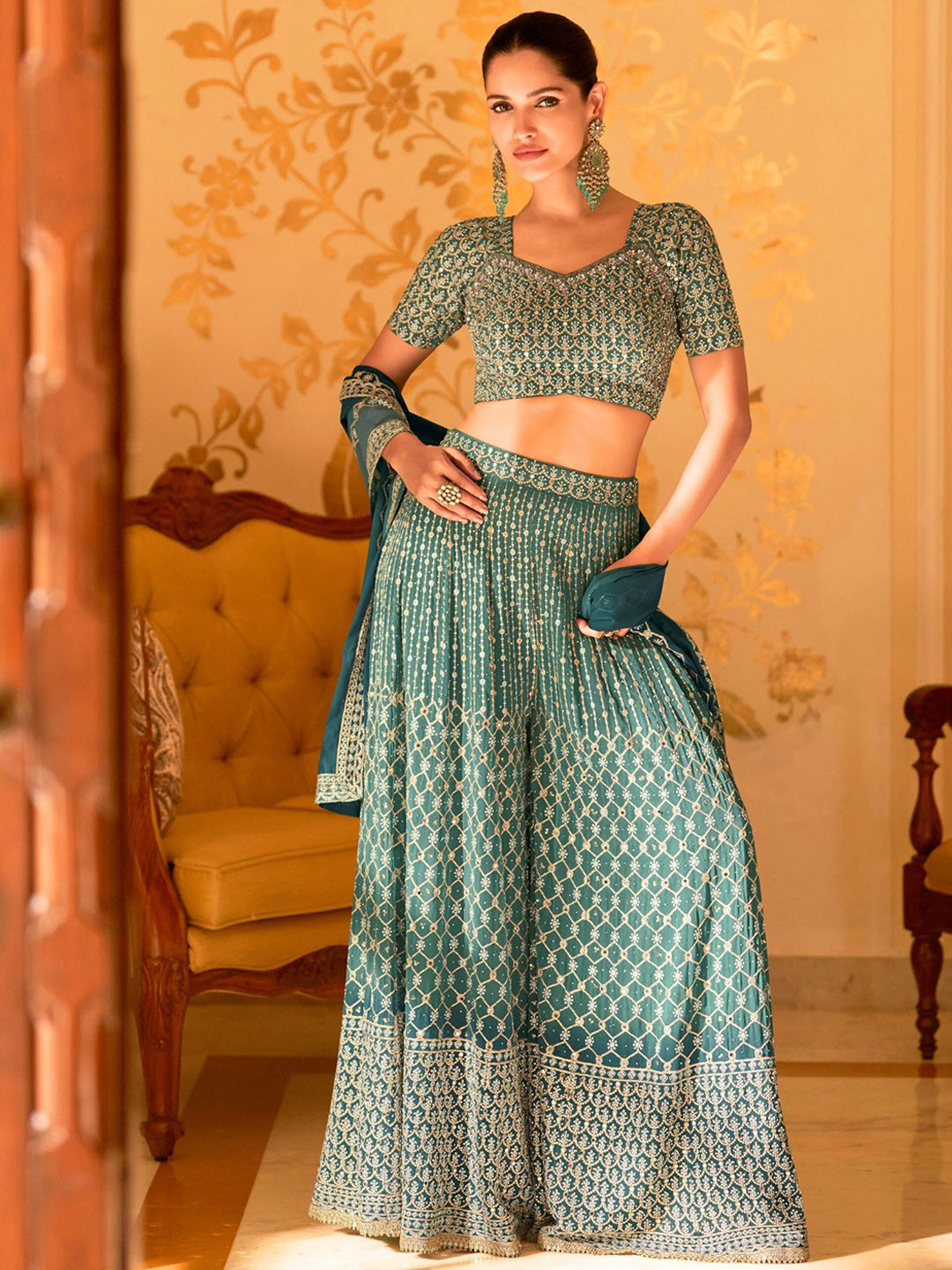 MYROR Floral Embroidered U-Neck Sequinned Crop Top With Sharara And Dupatta