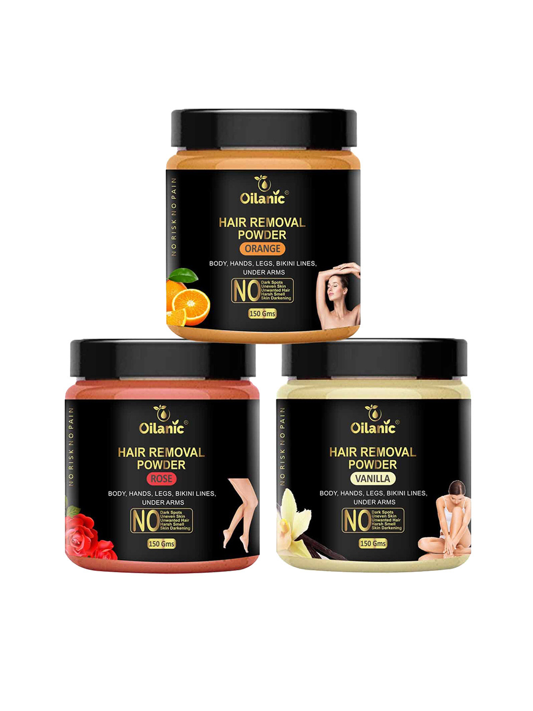 Oilanic Set Of 3 Natural Orange, Rose & Vanilla Hair Removal Wax Powder - 150 g Each