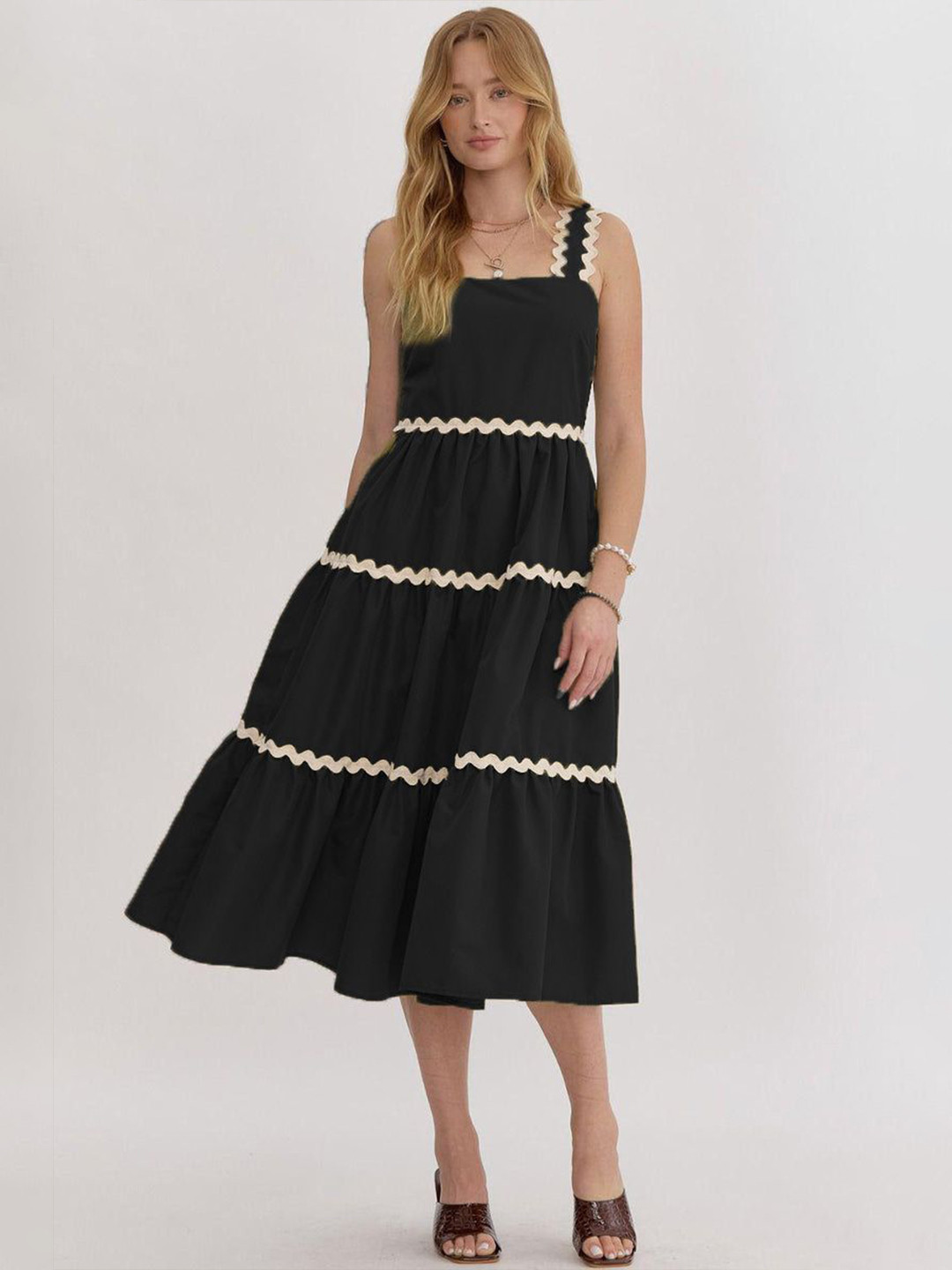 PTVIZE Women Square Neck Lace Inserts Detail Tiered Fit and Flare Midi Dress