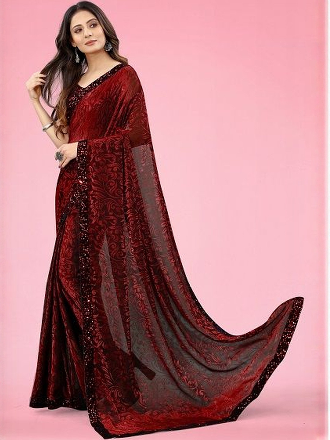 fashion field Ethnic Motifs Sequinned Pure Georgette Heavy Work Saree