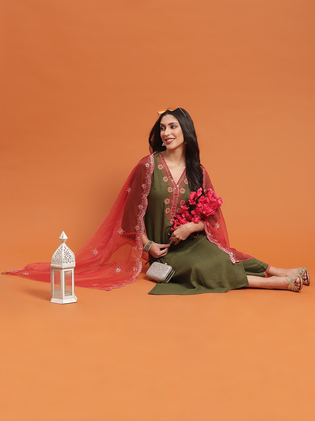 Shree Yoke Design Sequined Mirror Work Liva Kurta With Trousers & Dupatta