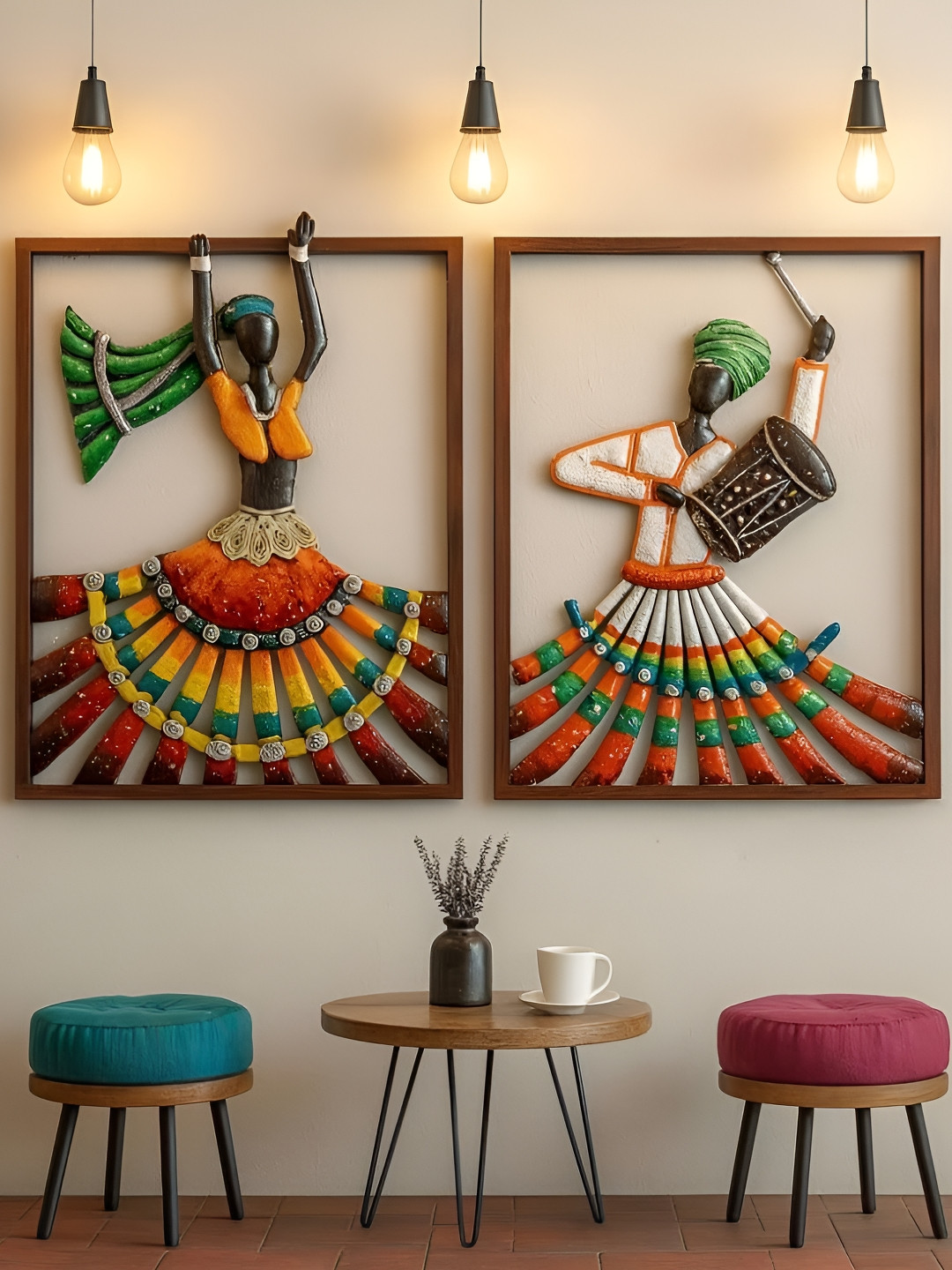 PRANJALS HOUSE Red & Green 2 Pcs Rajasthani Dancing & Drumming Frame Wall Hanging