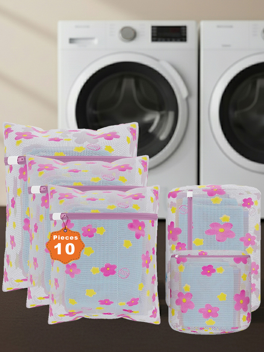 Aura 10 Pieces White & Blue Sunflower-Printed Reusable Mesh Laundry Bags With Zipper
