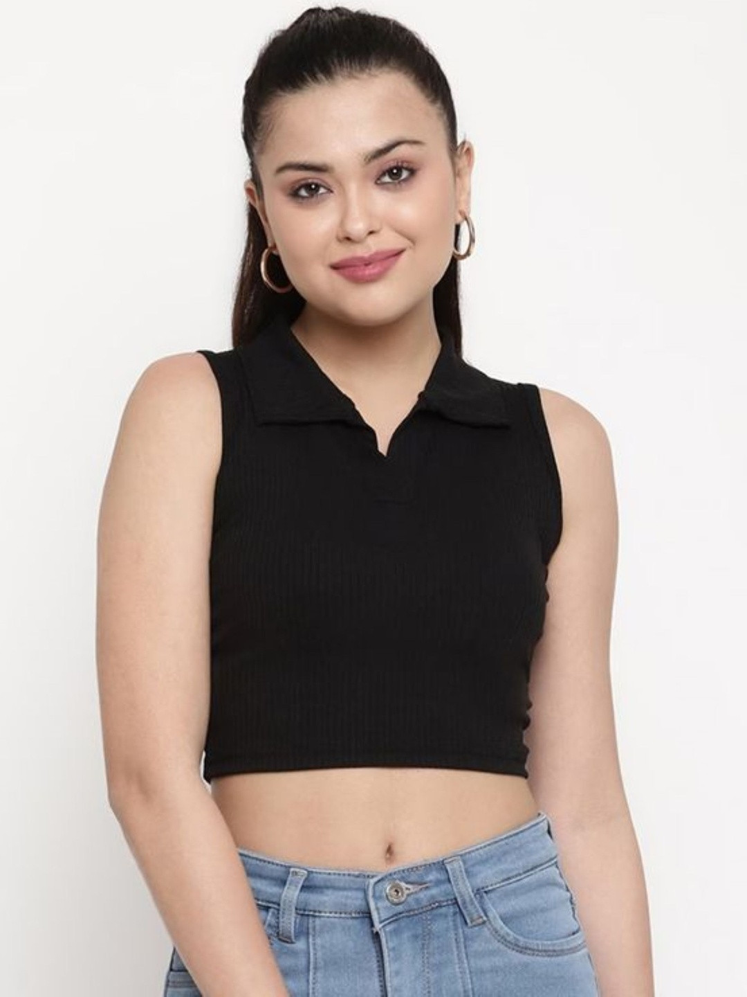 ANN SPRINGS Women Black Ribbed Shirt Collar Crop Top