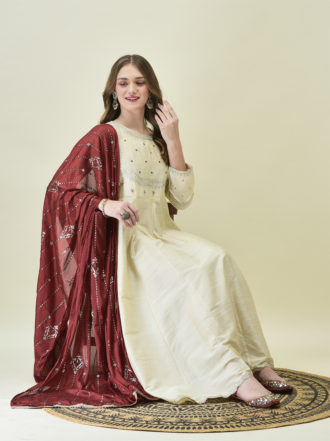 Shree Women Fit & Flare Embroidered Dress With Dupatta