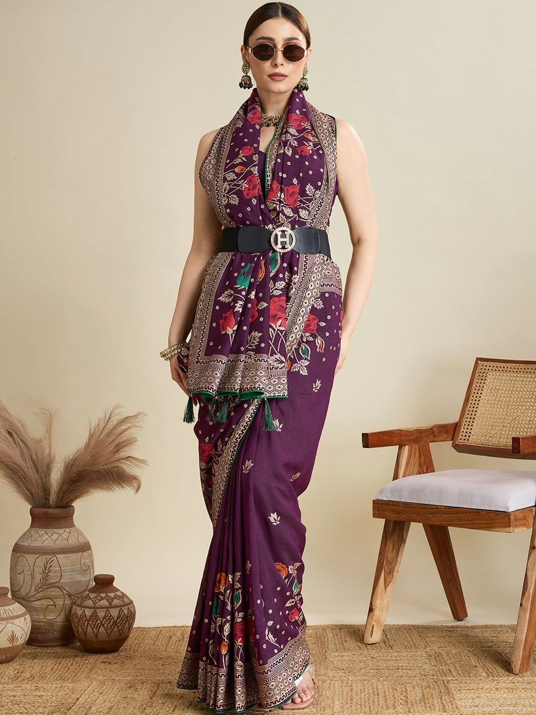 Durga Textile Woven Design Floral Printed Saree With Unstitched Blouse