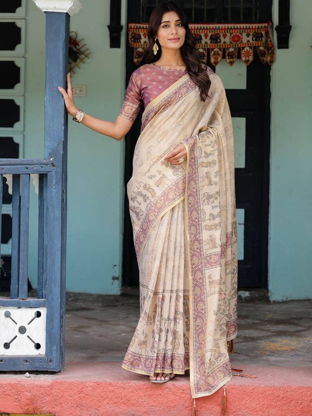 MAHARANI COUTURE Ethnic Motifs Cotton Kanjeevaram Saree Matching Blouse & Tassels on Edges