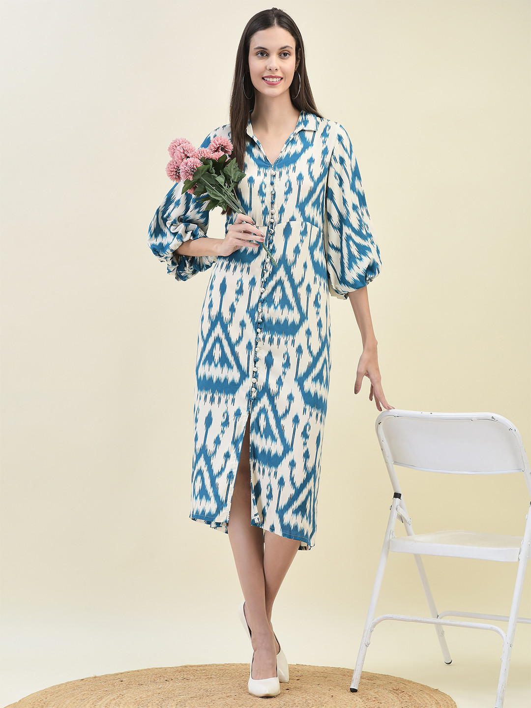 Shree Women Printed Bishop Sleeve Liva A-Line Dress