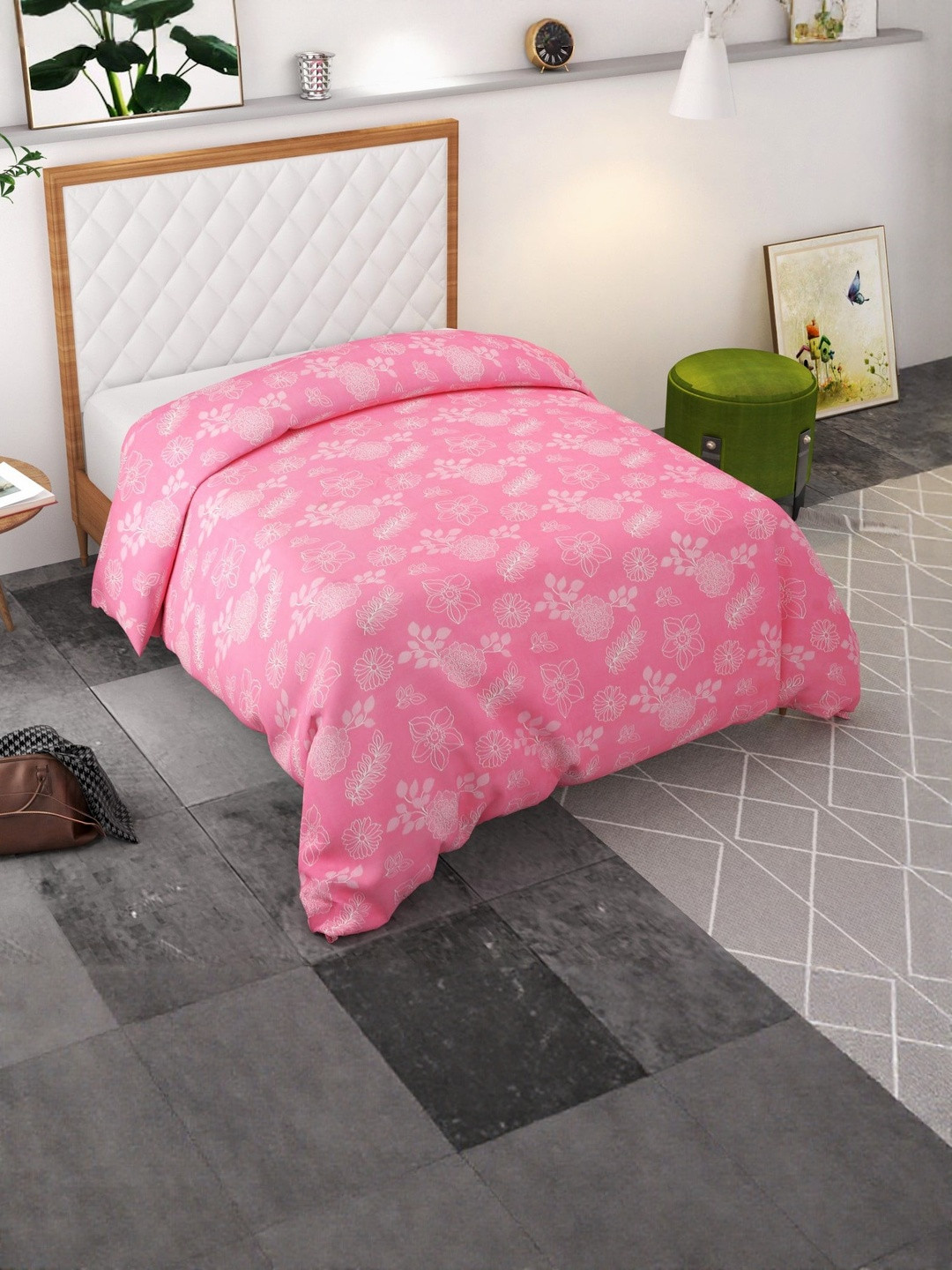 TINDLER KNOTS Pink Floral Print 140 GSM Cotton Duvet Cover