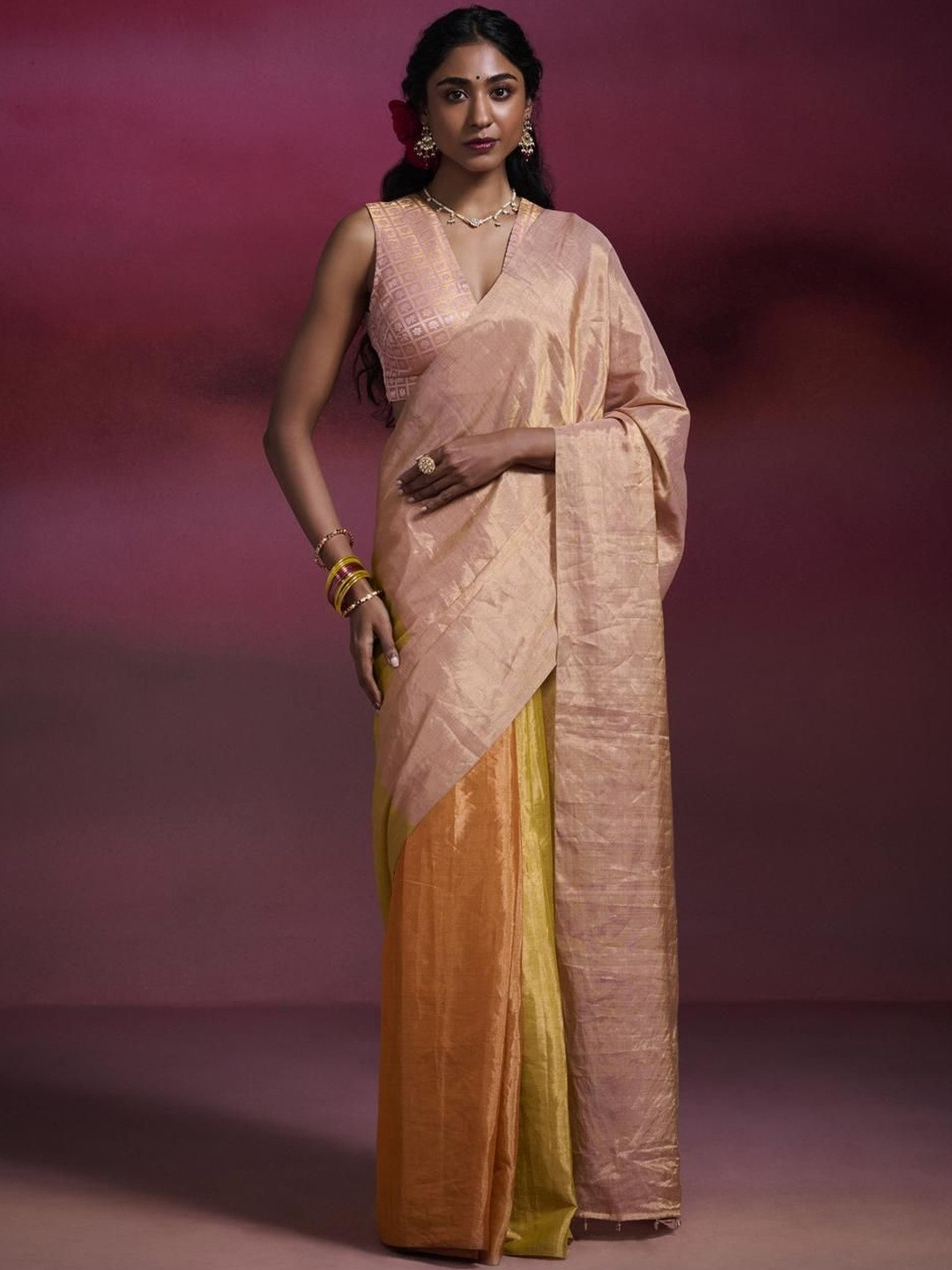 Dressfolk Metallic Peach & Bright Orange-Yellow Colourblocked Tissue Saree