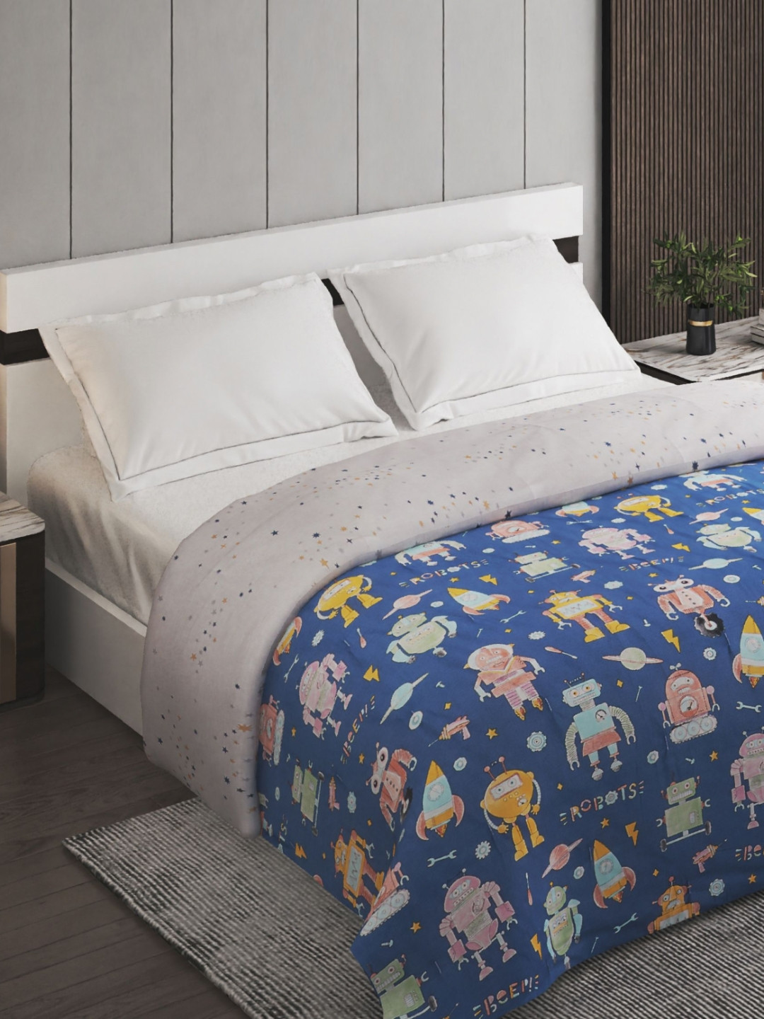 Home Centre Blue & Yellow Cartoon Characters 150 GSM Comforter