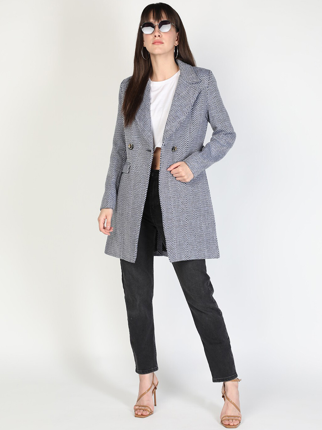 HONNETE Women Grey Striped Longline Coats