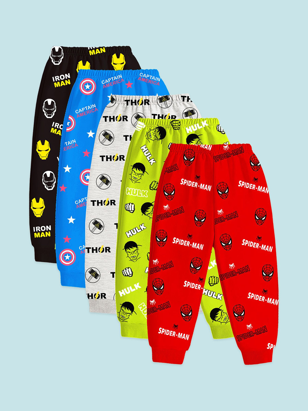 YK Marvel Boys Pack Of 5 Super Hero Printed Cotton Regular Fit joggers