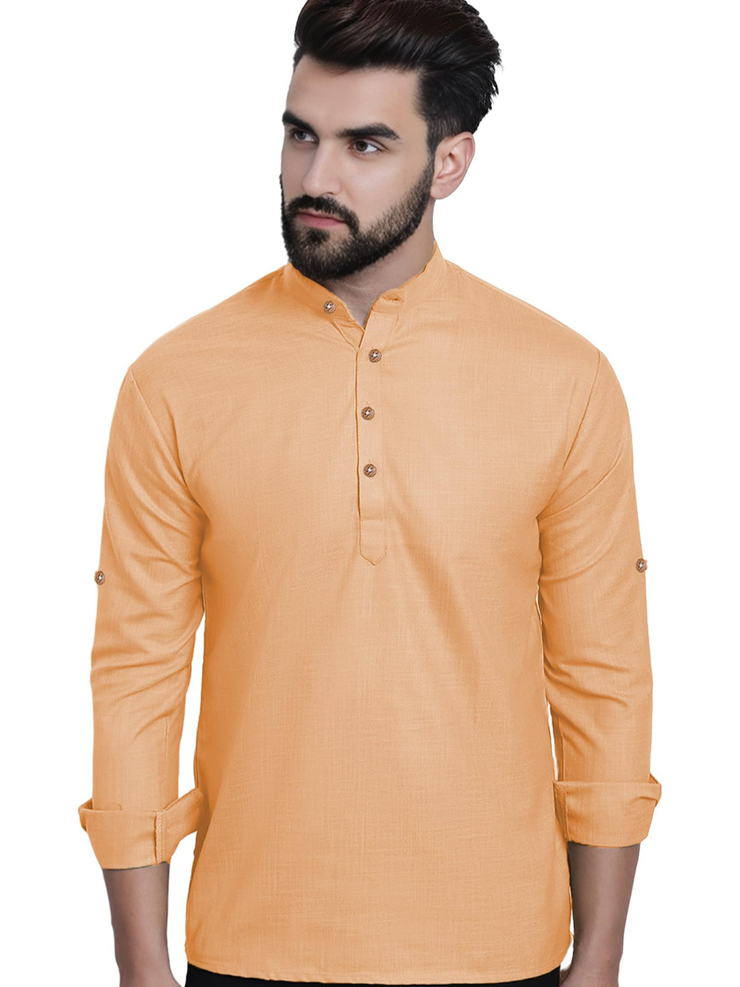 granthy Men Band Collar Roll-Up Sleeves Short Kurta