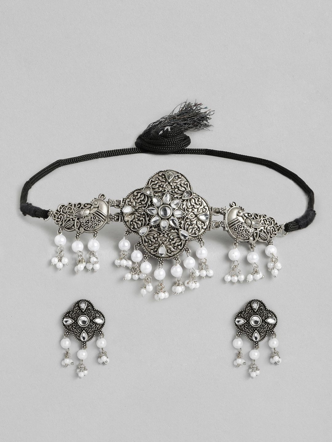 Anxvi Women Antique Oxidised Plated Choker Necklace with Black & White Beads Jewellery Set