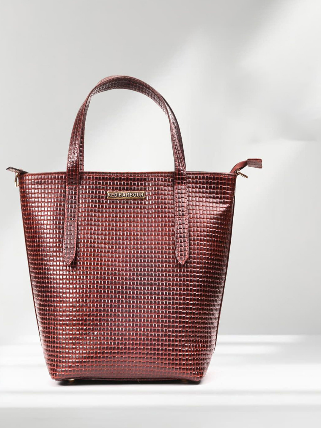 Red Harbour Textured Leather Bucket Tote Bag With Fringed