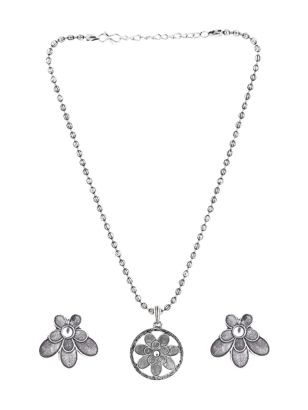 DIVASTRI Women Oxidised Silver Floral Necklace Set With Stud Earrings