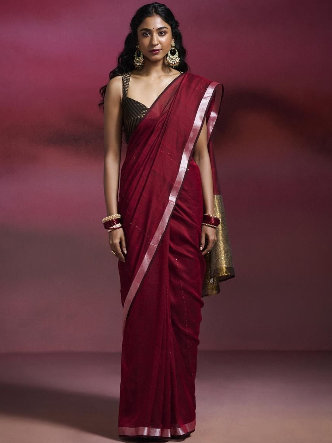 Dressfolk Maroon Handwoven Saree With Silver Zari Border & Sequin Embellished Gold Pallu