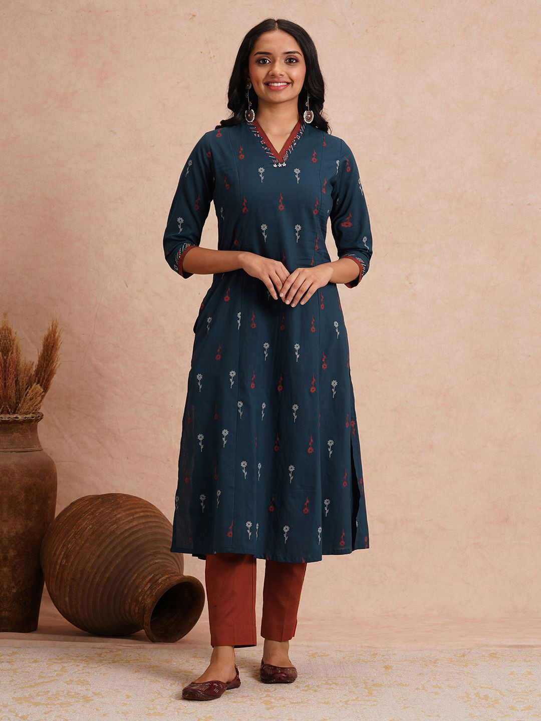 KAMI KUBI Women Printed A-line Kurta with Contrast Fabric Detailing & Mirror Work.
