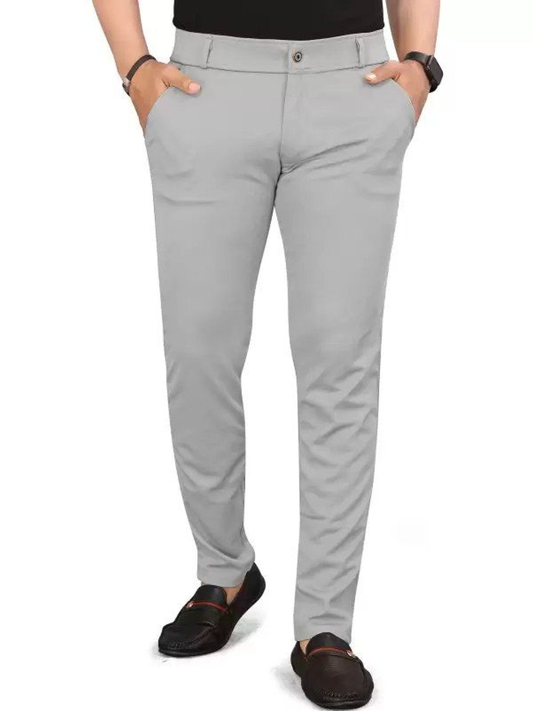 COMBRAIDED Men Silver Slim Fit Cotton Casual Mid-Rise Regular Trousers