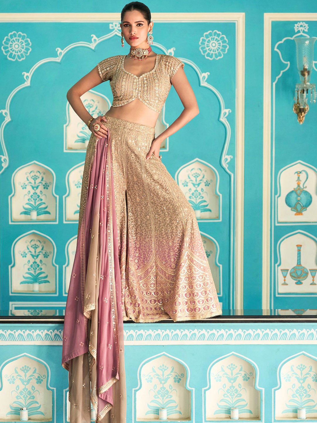 MYROR Floral Embroidered U-Neck Sequinned Crop Top With Sharara And Dupatta
