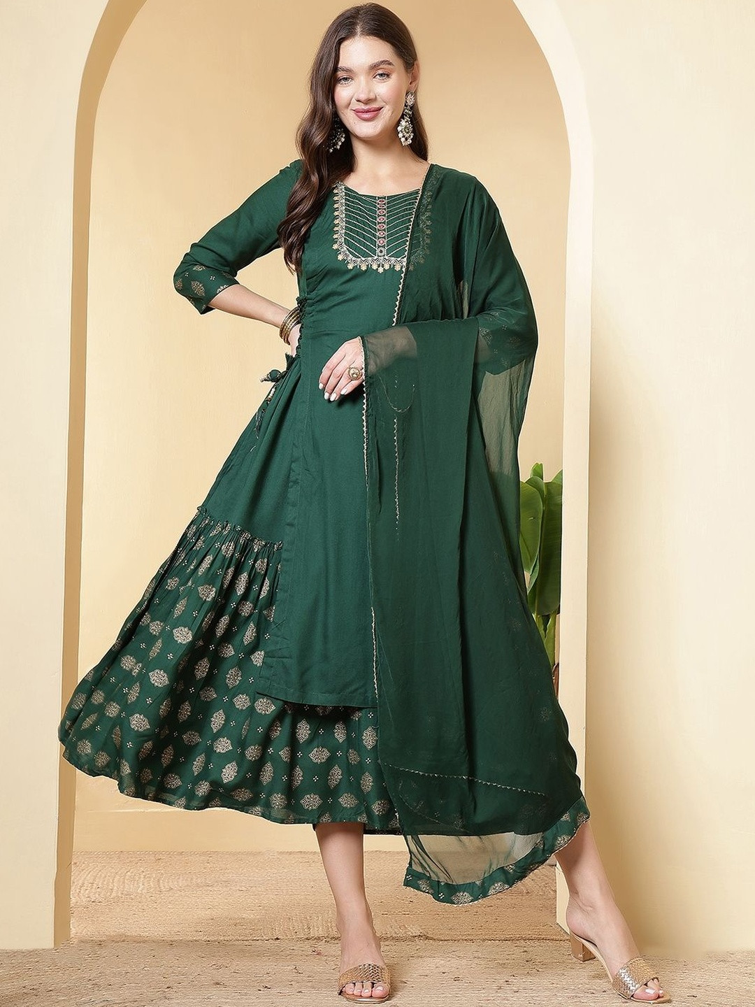 Anouk Rustic  Ethnic Motifs Embroidered Fit & Flare Midi Ethnic Dress Comes with a Dupatta