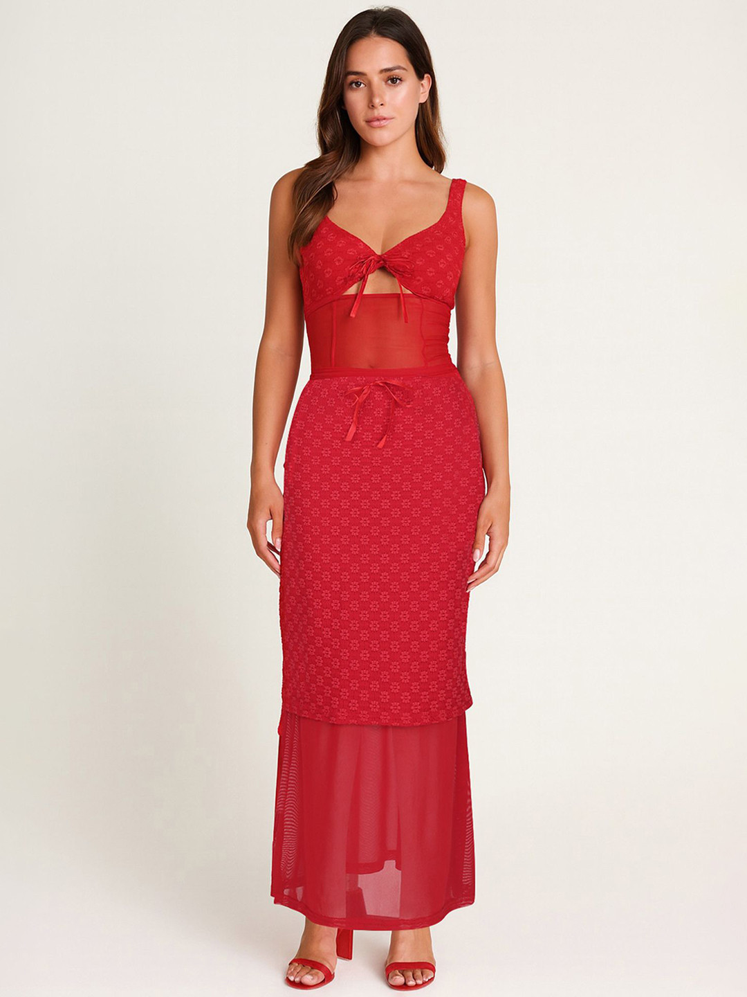 LULU & SKY Self-Design Semi-Sheer Crop Top With Low Rise Maxi Skirt Co-Ords