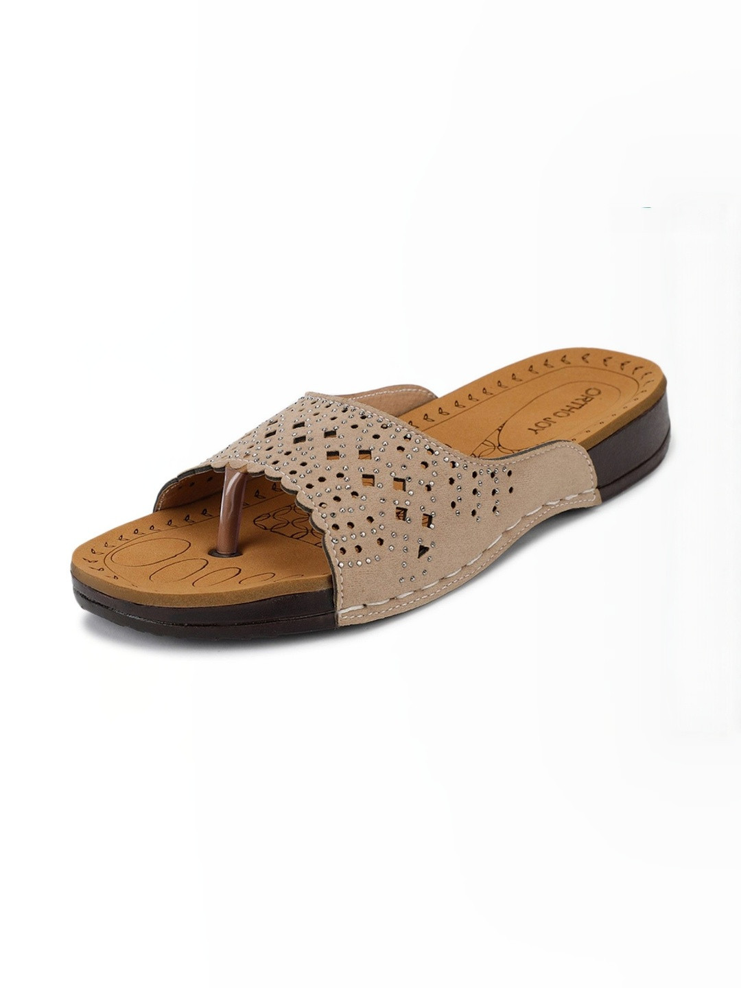 ORTHO JOY Women Beige Laser Cuts Open Toe Flats