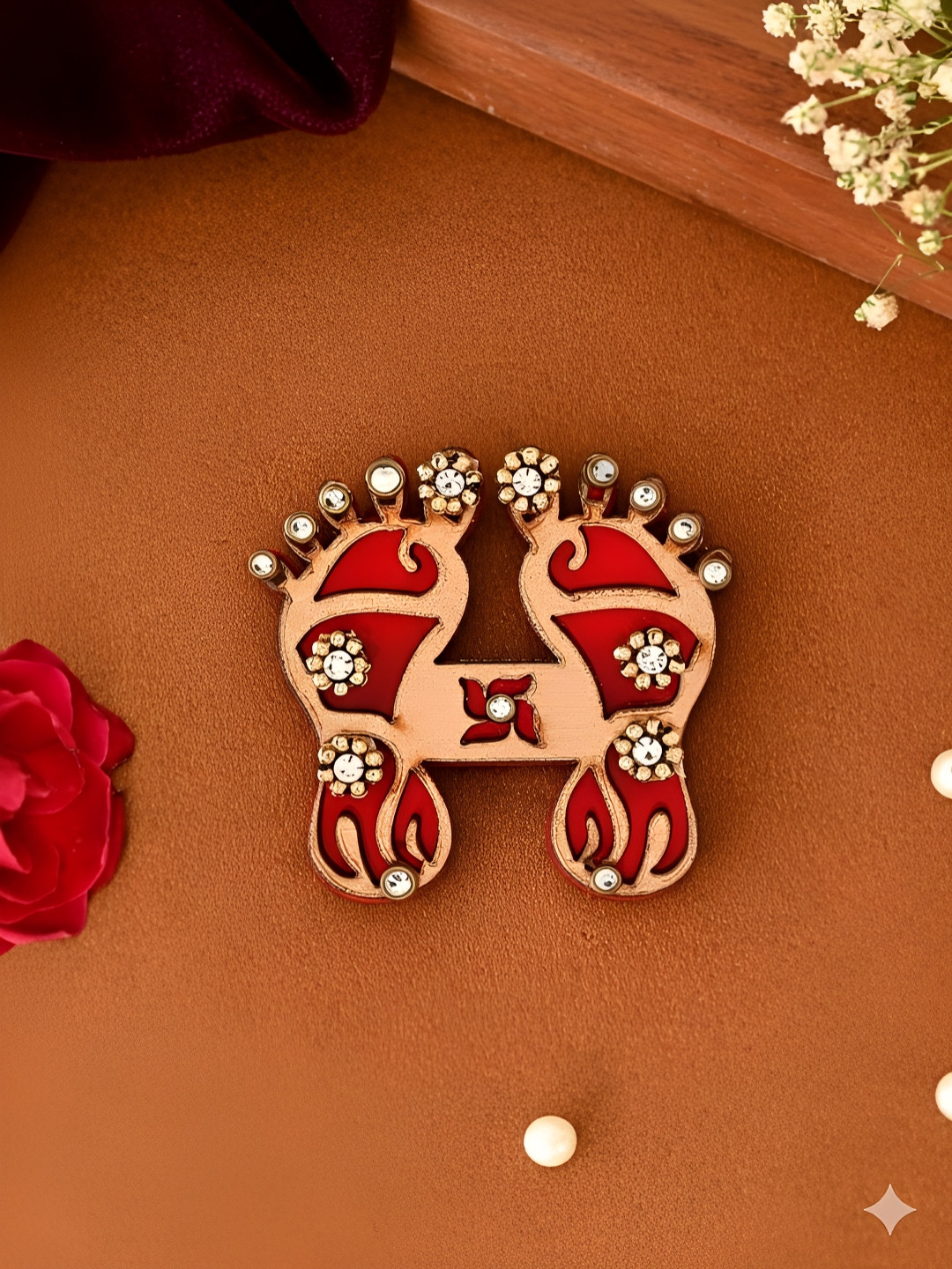 Aapno Rajasthan Red & Gold-Toned Kundan Embellishments Wooden Laxmi Charan