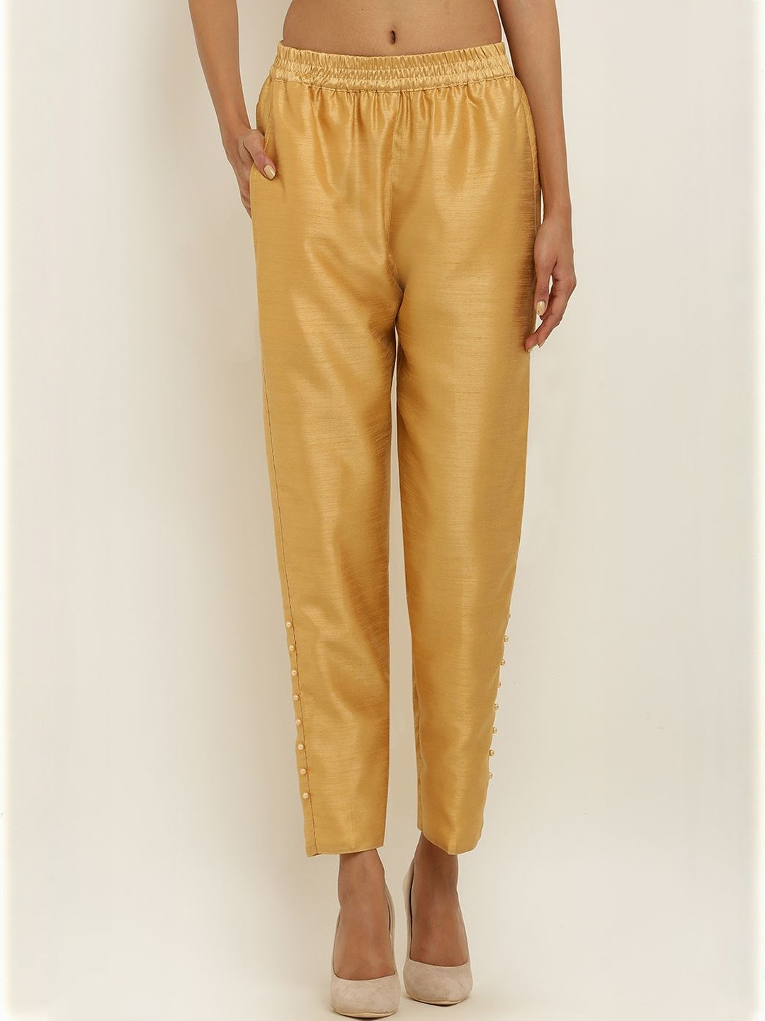 Moda Rapido Women Gold Poly Silk Solid Regular Trousers
