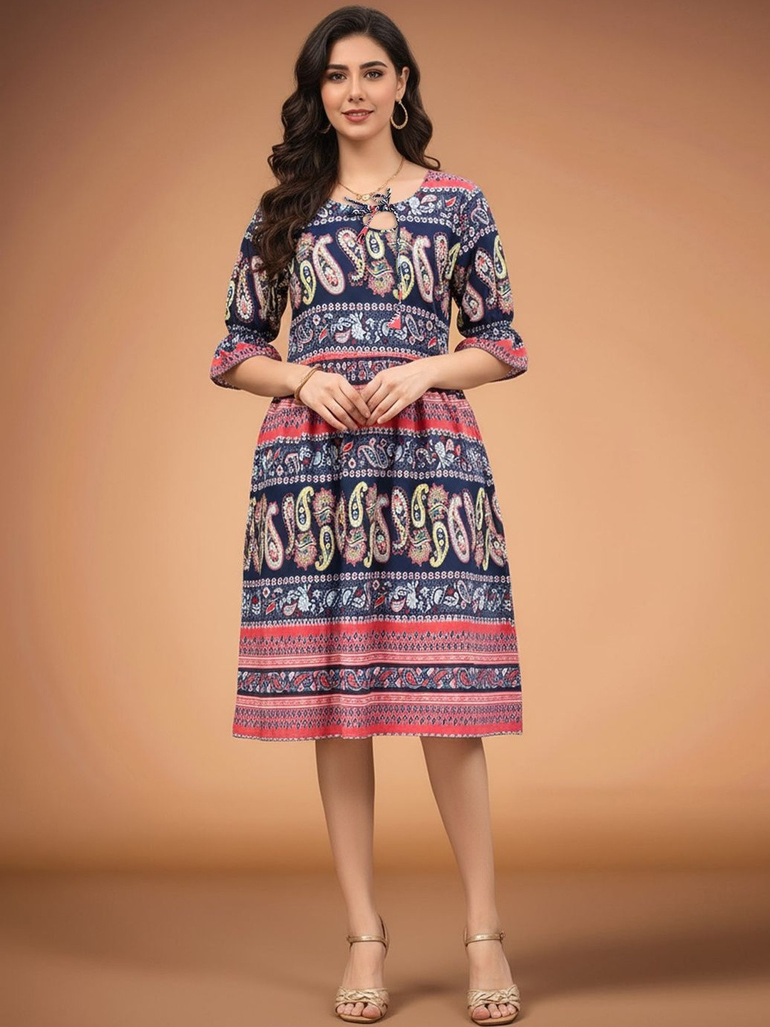 SZN Women Navy Blue Paisley Print Fit & Flare Knee Length Dress