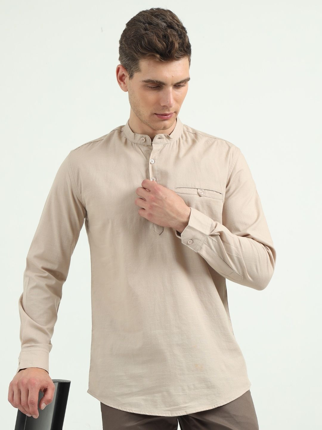 VROJASS Men Solid Mandarin Collar Straight Kurta