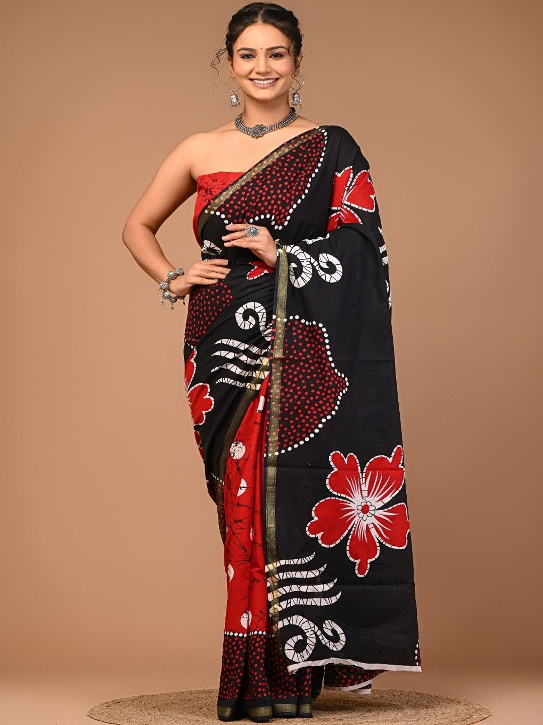 Moda Rapido Floral Zari Pure Cotton Ikat Saree