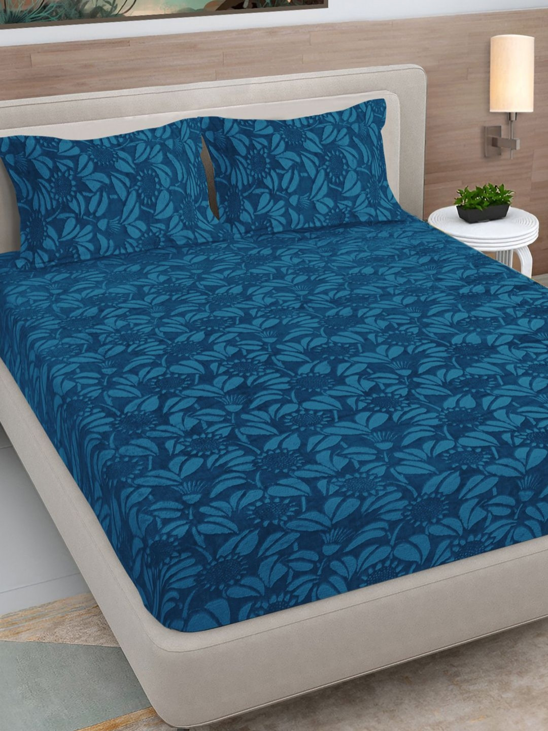 FABINALIV Blue Floral Woolen Embossed 300 TC King Size Bedsheet Set 2.50m x 2.25m