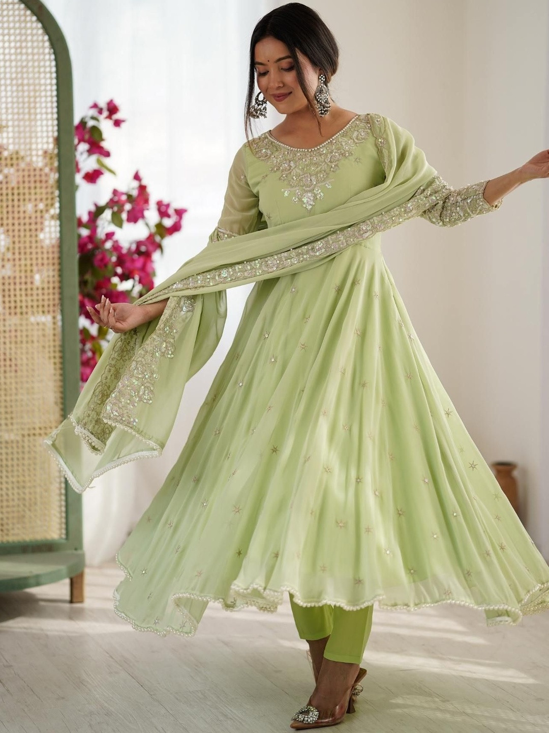 ZEEL FASHION Women Embroidered Round Neck Sequinned Kurta with Churidar & Dupatta