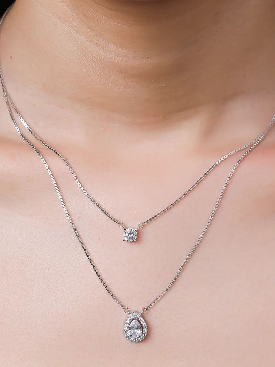 ANJ JEWELS Women Silver-Plated Layered American Diamond Sparkling Teardrop Duo Necklace