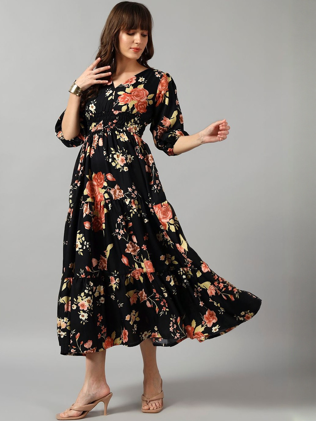 Jash Creation Women Gold Crepe Printed Anarkali Kurtas