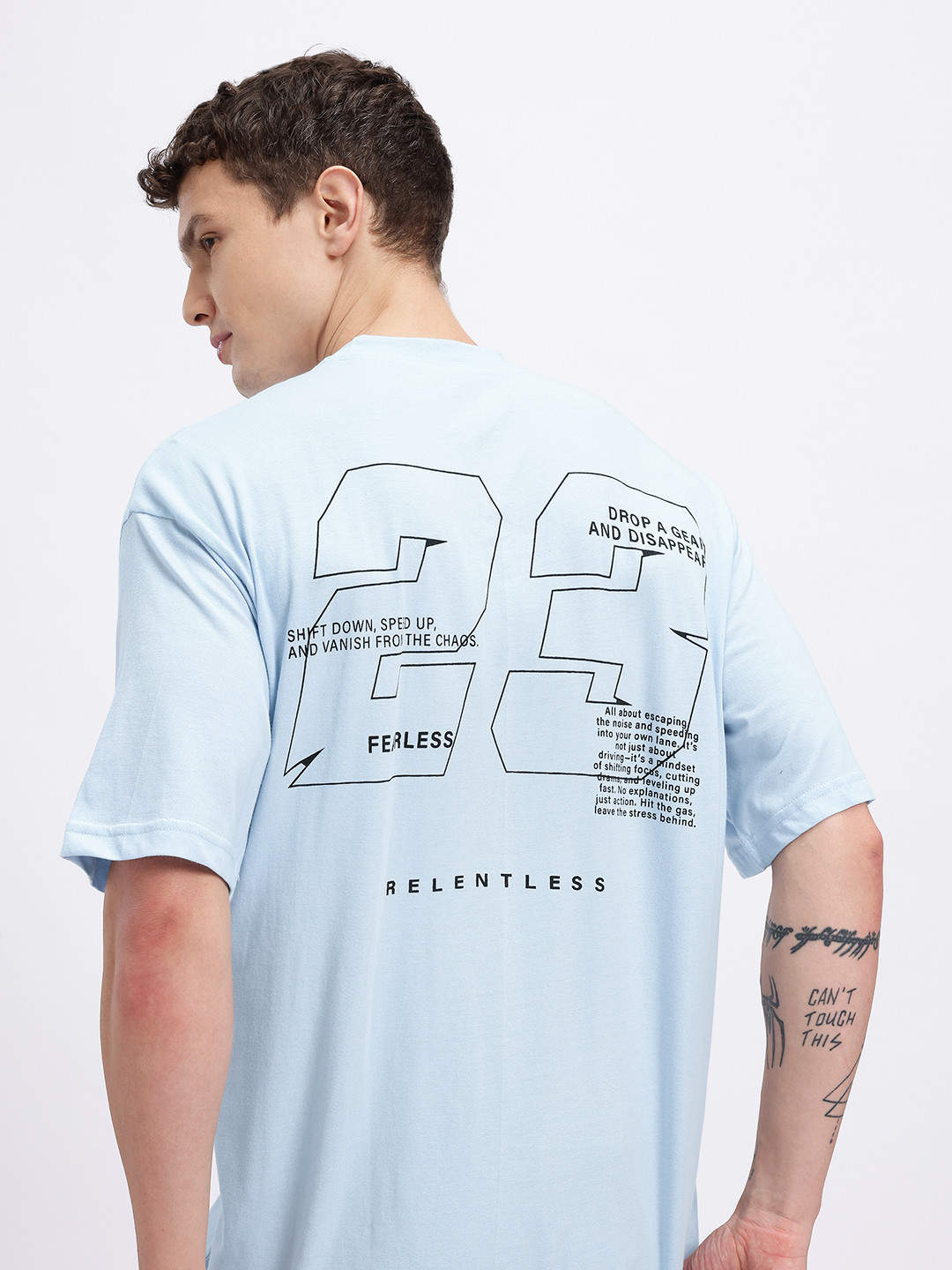 Blue Typography Print Oversized T-shirt with Drop-Shoulder Sleeves