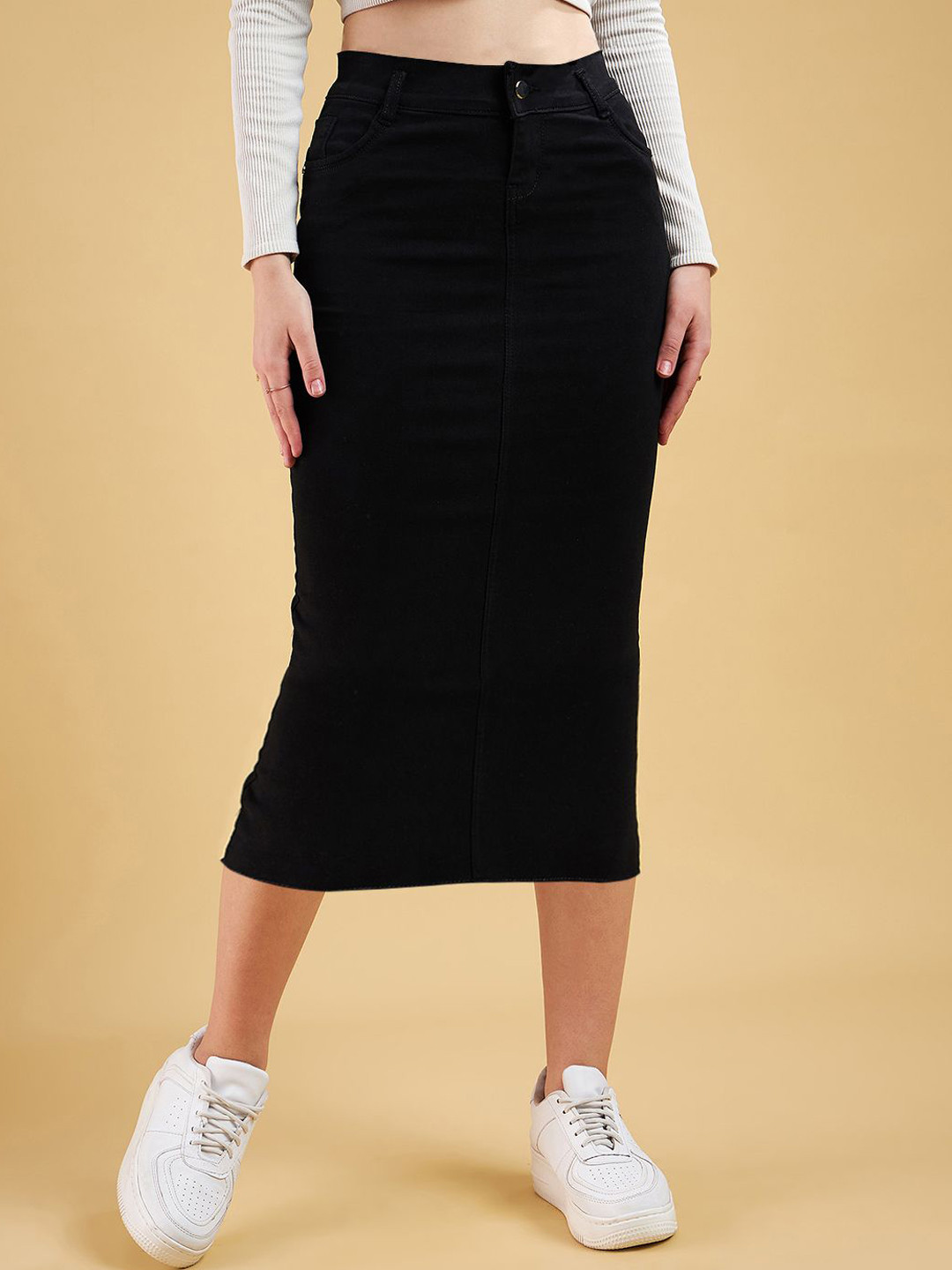 Purple Feather Denim Pencil Midi Skirt