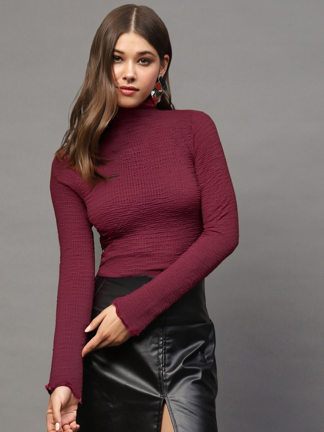 Sera Women's Self Design Full Sleeve High Neck Top