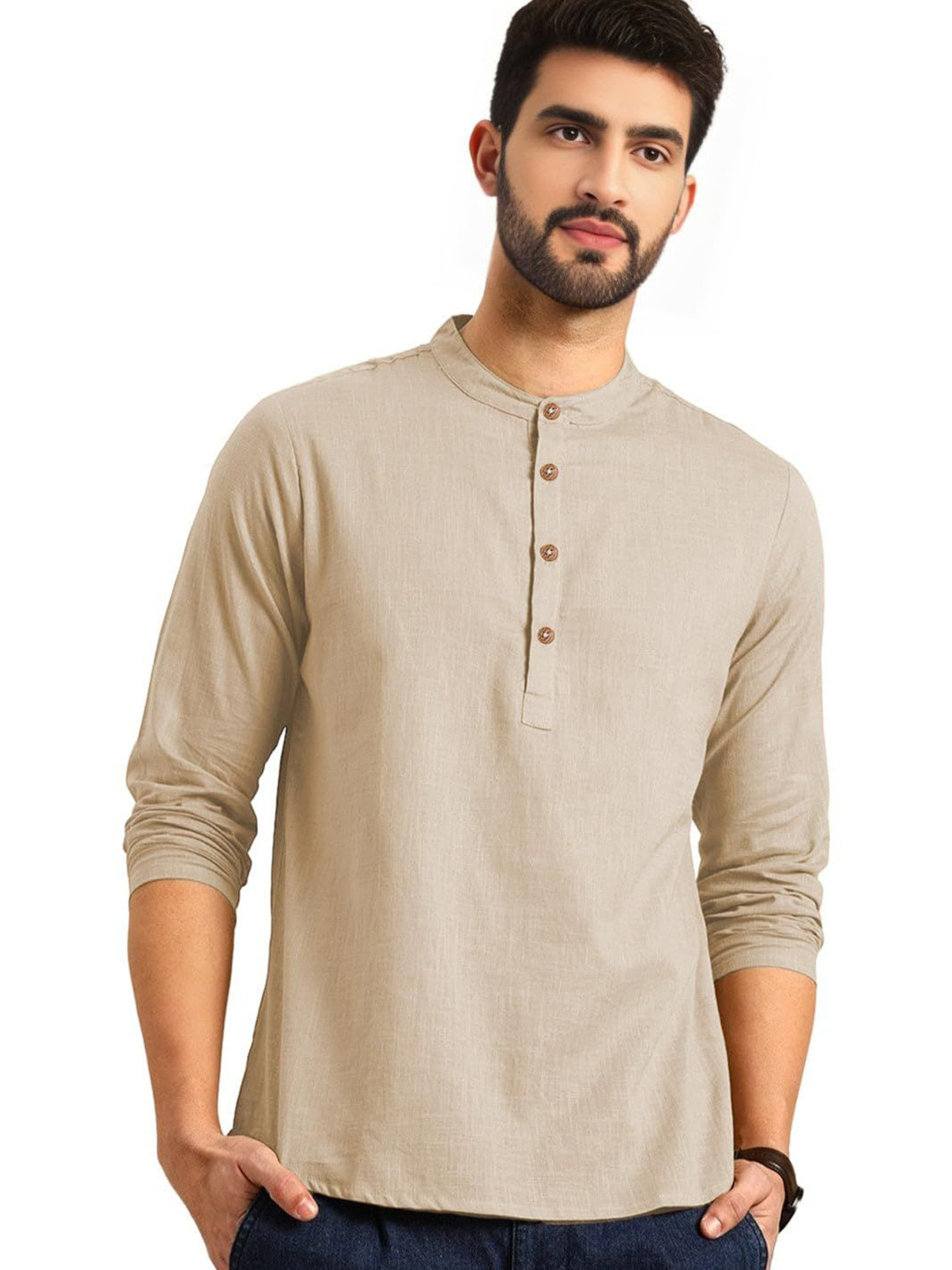 TrendiVastra Band Collar Cotton Straight Short Kurta