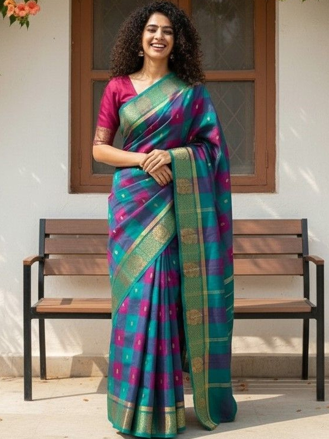MAAYINA Checked Pure Cotton Chettinad Saree
