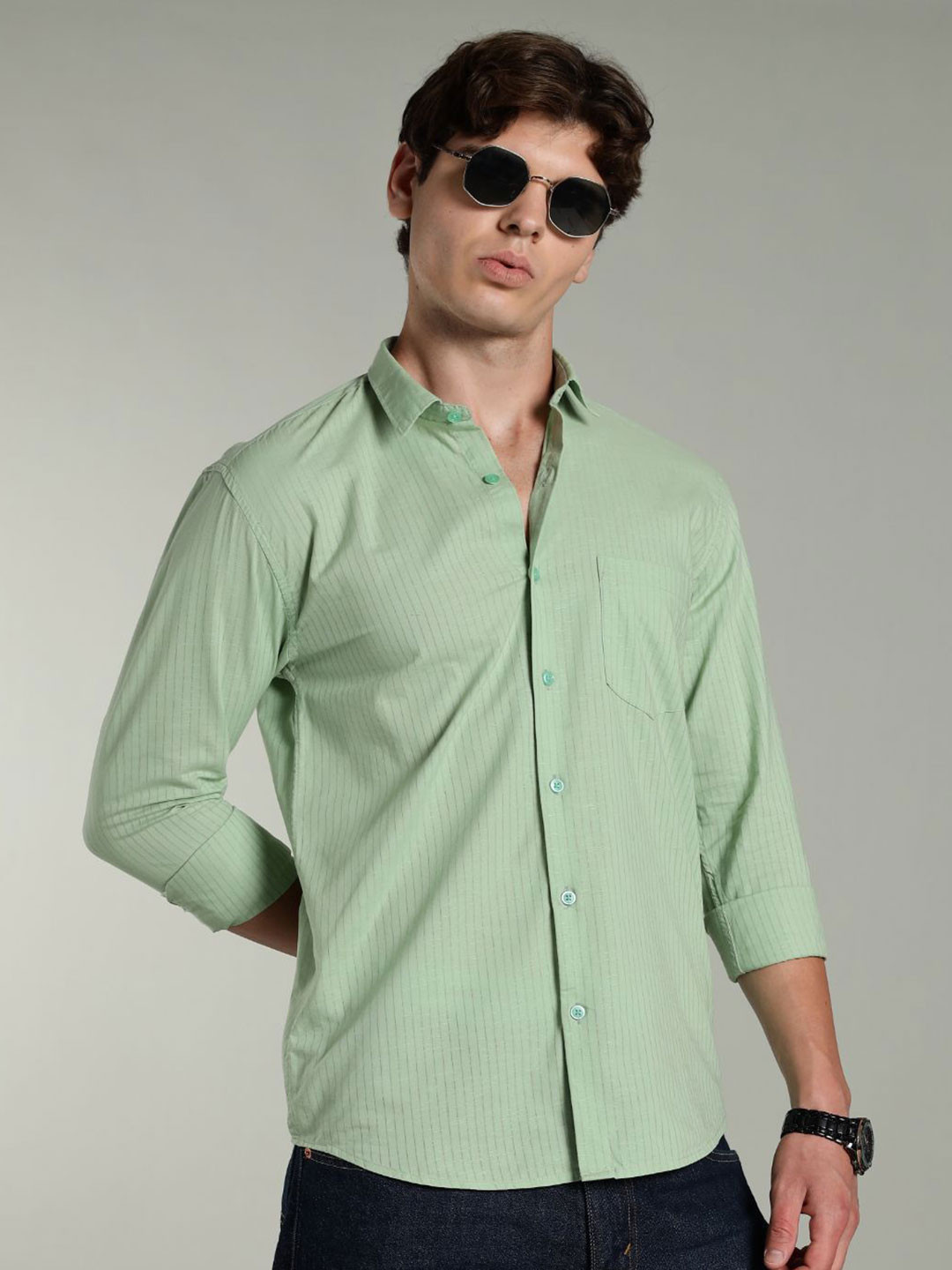 PAUL STREET Standard Slim Fit Pin Striped Cotton Linen Casual Shirt