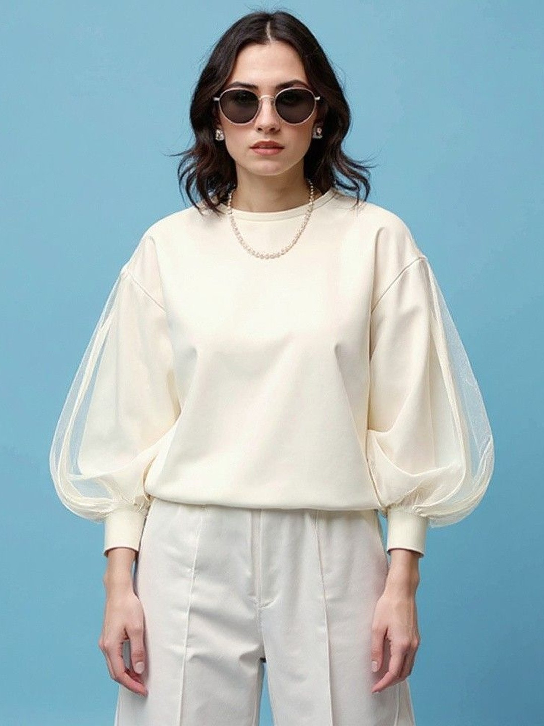 Mast & Harbour Apricot Round Neck Puff Sleeve Top