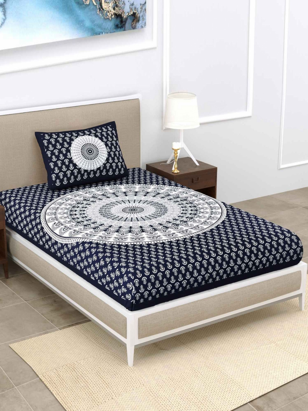 ABHACLOTHO Black & White Printed Pure Cotton 120 TC Single Bedsheet Set 2.5m x 1.5m