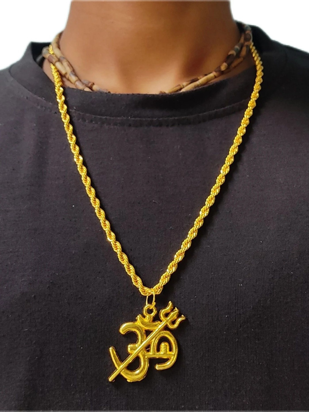 Basukiya Unisex Brass Om Trishul Shiva Necklace
