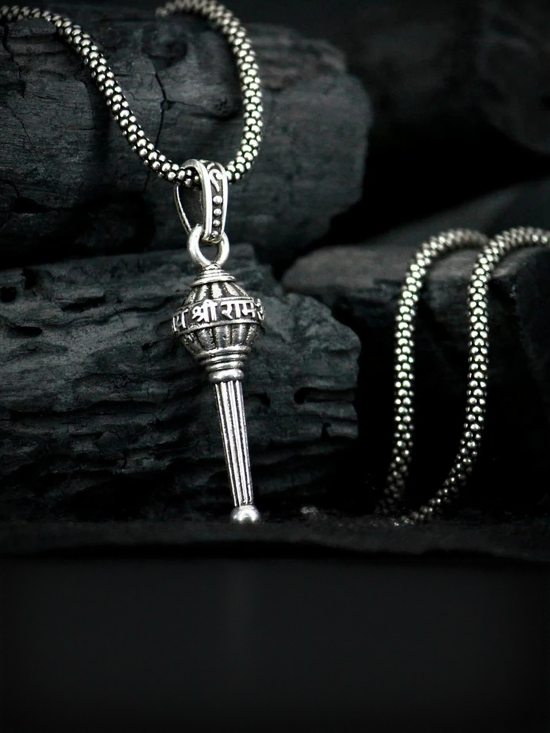 Crazy Queens Unisex Stainless Steel Oxidised Hanumn Ji Gada Pendant With Chain