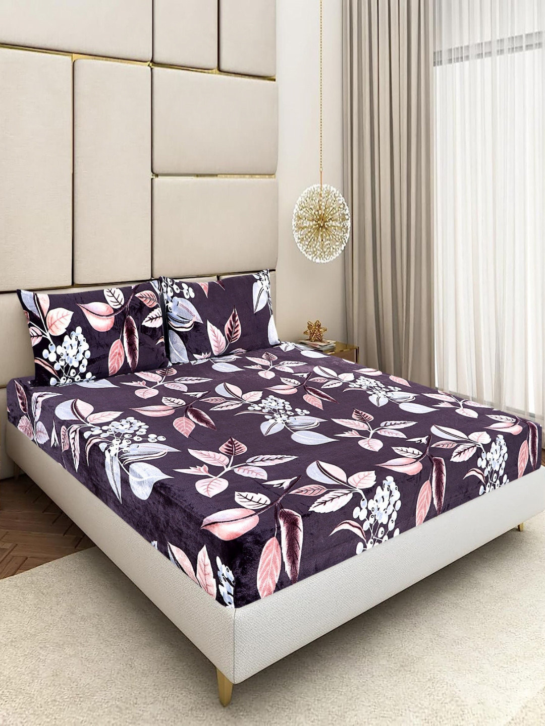 BLUEDOT Purple Blue 300 TC Woolen King Size Fitted Double Bedsheet & 2 Pillow Covers