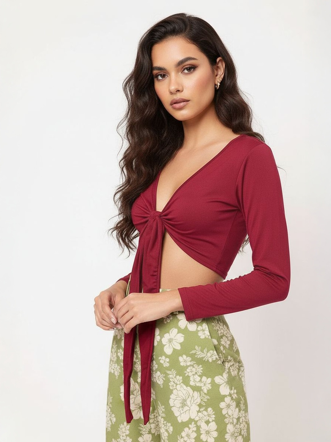 DressBerry Gypsy Spirit Plunge Neckline Tie-Up Crop Top