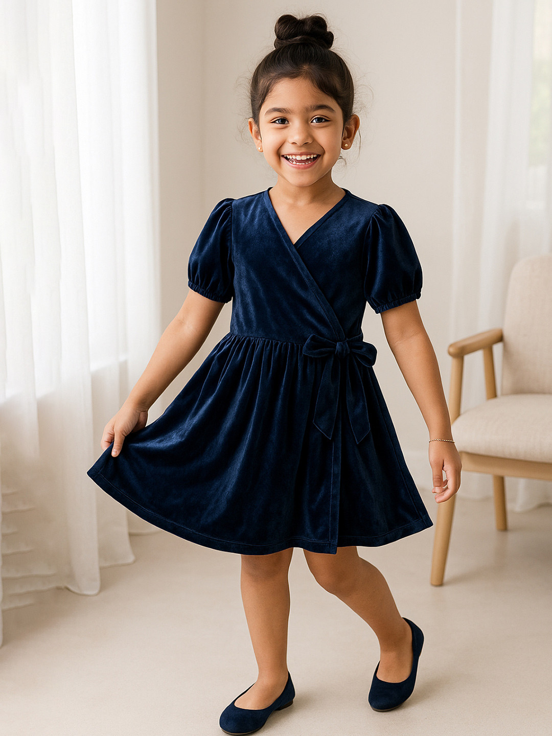 TALES & STORIES Girls Solid Puff Sleeve Gathered or Pleated Wrap Knee Length Dress